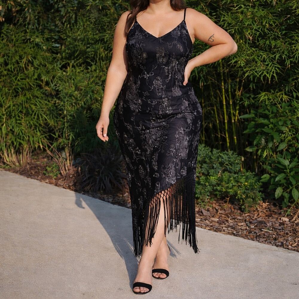 White House Black Market Black Silk Blend Slip Dress Fringe Hem Sz 8